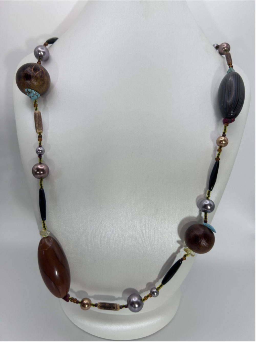 Necklace You and I Brown Wood Beaded Chunky Boho Statement Long Mixed Beads